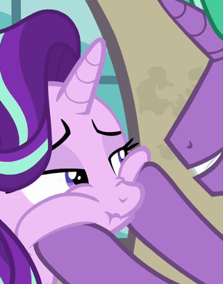 Size: 321x409 | Tagged: safe, screencap, character:firelight, character:starlight glimmer, species:pony, species:unicorn, episode:the parent map, g4, animated, annoyed, cropped, female, floppy ears, frown, gif, hooves on face, male, mare, offscreen character, scrunchy face, sire's hollow, solo focus, squishy cheeks, stallion, starlight is not amused, unamused