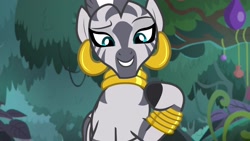Size: 1920x1080 | Tagged: safe, screencap, character:zecora, species:zebra, episode:she talks to angel, g4, my little pony: friendship is magic, beautiful, bracelet, ear piercing, earring, everfree forest, female, forest, grin, jewelry, leg rings, lidded eyes, looking down, mohawk, neck rings, piercing, quadrupedal, raised eyebrow, raised hoof, smiling, solo, tree