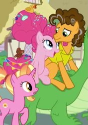 Size: 479x678 | Tagged: safe, screencap, character:cheese sandwich, character:gummy, character:luster dawn, character:pinkie pie, species:earth pony, species:pony, species:unicorn, ship:cheesepie, episode:the last problem, g4, my little pony: friendship is magic, cropped, cuddling, female, looking at each other, male, mare, older, older cheese sandwich, older gummy, older pinkie pie, open mouth, pony history, raised hoof, shipping, stallion, straight
