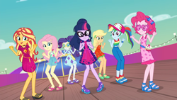 Size: 1920x1080 | Tagged: safe, screencap, character:applejack, character:fluttershy, character:pinkie pie, character:rainbow dash, character:rarity, character:sunset shimmer, character:twilight sparkle, character:twilight sparkle (scitwi), species:eqg human, episode:i'm on a yacht, g4, my little pony:equestria girls, humane five, humane seven, humane six, luxe deluxe, sleeveless