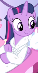 Size: 346x664 | Tagged: safe, screencap, character:twilight sparkle, character:twilight sparkle (alicorn), species:alicorn, species:pony, episode:rarity's biggest fan, alternate hairstyle, bathrobe, clothing, cropped, cute, female, mare, offscreen character, ponyville spa, reclining, robe, smiling, solo focus, spa, twiabetes