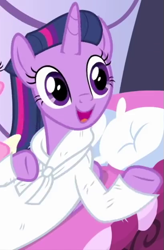 Size: 409x623 | Tagged: safe, screencap, character:aloe, character:twilight sparkle, character:twilight sparkle (alicorn), species:alicorn, species:pony, episode:rarity's biggest fan, alternate hairstyle, bathrobe, clothing, cropped, cute, female, mare, offscreen character, open mouth, ponyville spa, reclining, robe, sitting, smiling, solo focus, spa, twiabetes