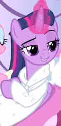 Size: 332x684 | Tagged: safe, screencap, character:aloe, character:twilight sparkle, character:twilight sparkle (alicorn), species:alicorn, species:pony, episode:rarity's biggest fan, alternate hairstyle, bathrobe, clothing, cropped, cute, female, lidded eyes, magic, magic aura, mare, offscreen character, ponyville spa, raised eyebrow, reclining, robe, sitting, smiling, solo focus, spa, twiabetes
