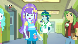Size: 1280x720 | Tagged: safe, screencap, character:aqua blossom, character:blueberry cake, character:captain planet, character:paisley, character:sandalwood, equestria girls:holidays unwrapped, g4, my little pony:equestria girls, background human, blueberry cake, book, canterlot high, clothing, compression shorts, female, hands in pockets, lockers, pants, plusplus, skirt