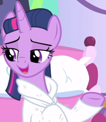 Size: 620x718 | Tagged: safe, screencap, character:twilight sparkle, character:twilight sparkle (alicorn), species:alicorn, species:pony, episode:rarity's biggest fan, alternate hairstyle, bathrobe, clothing, cropped, cute, female, lidded eyes, mare, open mouth, ponyville spa, robe, smiling, solo, spa, twiabetes
