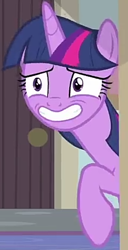 Size: 240x469 | Tagged: safe, screencap, character:twilight sparkle, character:twilight sparkle (alicorn), species:alicorn, species:pony, episode:starlight the hypnotist, cropped, cute, female, mare, nervous, nervous grin, raised hoof, school of friendship, smiling, solo, twiabetes