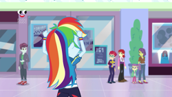 Size: 1280x720 | Tagged: safe, screencap, character:nolan north, character:rainbow dash, character:victoria, equestria girls:holidays unwrapped, g4, my little pony:equestria girls, background human, canterlot mall, clothing, crystal prep academy uniform, female, lily pad (equestria girls), male, nolan north, pants, pepper twist, plusplus, school uniform, shoes, track starr, victoria