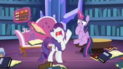 Size: 1671x938 | Tagged: safe, screencap, character:rarity, character:twilight sparkle, character:twilight sparkle (alicorn), species:alicorn, species:pony, episode:dragon dropped, g4, my little pony: friendship is magic, book, fainting couch, library, marshmelodrama, messy mane, nose in the air, twilight's castle, twilight's castle library