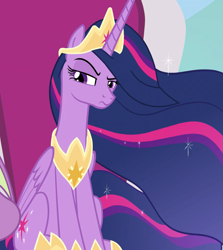 Size: 787x881 | Tagged: safe, screencap, character:spike, character:twilight sparkle, character:twilight sparkle (alicorn), species:alicorn, species:dragon, species:pony, episode:the last problem, g4, my little pony: friendship is magic, cropped, ethereal mane, offscreen character, princess twilight 2.0, solo focus, twilight is not amused, unamused, winged spike, wings