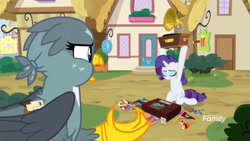 Size: 1920x1080 | Tagged: safe, screencap, character:gabby, character:rarity, episode:dragon dropped, g4, my little pony: friendship is magic, dice, dungeons and dragons, duo, gramophone, ogres and oubliettes, plushie, say anything