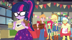 Size: 1280x720 | Tagged: safe, screencap, character:apple bloom, character:applejack, character:big mcintosh, character:cheerilee, character:granny smith, character:sandalwood, character:scootaloo, character:twilight sparkle, character:twilight sparkle (scitwi), species:eqg human, species:pegasus, species:pony, equestria girls:holidays unwrapped, g4, my little pony:equestria girls, applejack's hat, belt, boots, cardboard cutout, clothing, cowboy hat, denim skirt, dress, eyes closed, female, freckles, glasses, hair bun, hat, jeans, male, pants, plusplus, ponytail, shoes, shorts, skirt, stetson, the cider louse fools