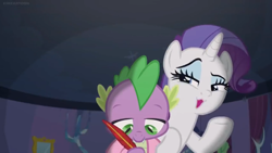 Size: 1600x900 | Tagged: safe, screencap, character:rarity, character:spike, episode:dragon dropped, g4, my little pony: friendship is magic, :3, dark, feather, quill, raised hooves, writing