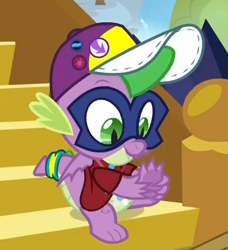 Size: 379x415 | Tagged: safe, screencap, character:humdrum, character:spike, species:dragon, episode:dragon dropped, episode:power ponies, g4, my little pony: friendship is magic, clothing, cropped, feet, hat, mask, solo, spread toes, toes, underfoot