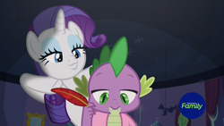 Size: 1920x1080 | Tagged: safe, screencap, character:rarity, character:spike, species:dragon, species:pony, species:unicorn, episode:dragon dropped, g4, my little pony: friendship is magic, :3, blanket, clothing, discovery family logo, duckface, duo, female, ignoring, lighting, male, mare, quill, robe, scratching, spike's room, winged spike, writing