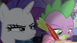 Size: 1920x1080 | Tagged: safe, screencap, character:rarity, character:spike, species:dragon, species:pony, species:unicorn, episode:dragon dropped, g4, my little pony: friendship is magic, angry, annoyed, blanket, clothing, discovery family logo, duo, female, frown, ignoring, jealous, lighting, mare, narrowed eyes, nose wrinkle, quill, robe, spike's room, winged spike, writing