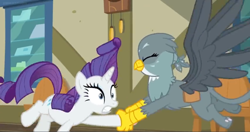 Size: 1600x846 | Tagged: safe, screencap, character:gabby, character:rarity, episode:dragon dropped, g4, my little pony: friendship is magic, clock, hoofshake, rough, shaking