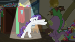 Size: 1600x894 | Tagged: safe, screencap, character:rarity, character:spike, species:dragon, episode:dragon dropped, g4, my little pony: friendship is magic, book, chair, comic book, crate, dramatic, food, gem, gramophone, marshmallow, overdramatic, pile, spotlight, throwing, winged spike