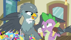 Size: 1600x900 | Tagged: safe, screencap, character:gabby, character:spike, species:dragon, episode:dragon dropped, g4, my little pony: friendship is magic, bell, book, comic book, door, food, ice cream, pile, winged spike