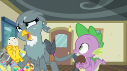 Size: 1600x900 | Tagged: safe, screencap, character:gabby, character:spike, species:dragon, episode:dragon dropped, g4, my little pony: friendship is magic, book, comic book, door, food, ice cream, pile, winged spike
