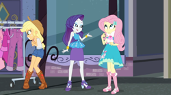 Size: 985x551 | Tagged: safe, screencap, character:applejack, character:fluttershy, character:rarity, episode:street chic, g4, my little pony:equestria girls, bare shoulders, clothing, cold, eyeshadow, freezing, lidded eyes, makeup, pencil skirt, photo, scarf, shivering, skirt, sleeveless, window