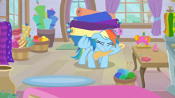 Size: 1600x900 | Tagged: safe, screencap, character:rainbow dash, species:pony, episode:dragon dropped, g4, my little pony: friendship is magic, barrel, barrels, carrying, curtains, fabric, heavy, heavy lifting, knitting needles, rolls, sewing machine, solo, struggling, table, vase, window, yarn
