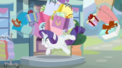 Size: 1600x900 | Tagged: safe, screencap, character:rarity, species:pony, episode:dragon dropped, g4, my little pony: friendship is magic, falling, gift box, levitation, magic, shopping bags, slipping, solo, struggling, telekinesis