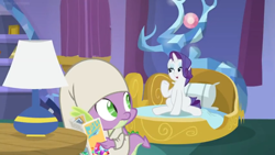 Size: 1600x900 | Tagged: safe, screencap, character:rarity, character:spike, species:dragon, species:pony, episode:dragon dropped, g4, my little pony: friendship is magic, bed, clothing, curtains, female, hat, lamp, male, mare, nightcap, nightgown, pajamas, pillow, shelf, spike's bed, spike's room, twilight's castle, winged spike