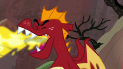 Size: 1920x1080 | Tagged: safe, screencap, character:garble, species:dragon, episode:sweet and smoky, g4, my little pony: friendship is magic, eyes closed, fire, fire breath, male, open mouth, solo