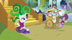 Size: 1600x900 | Tagged: safe, screencap, character:humdrum, character:mane-iac, character:rarity, character:spike, species:dragon, episode:dragon dropped, episode:power ponies, g4, my little pony: friendship is magic, book, cart, clothing, comic book, cosplay, costume, flying, merchandise, scroll, stairs, tired, twilight's castle, waterfall, winged spike