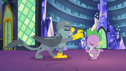 Size: 1600x900 | Tagged: safe, screencap, character:gabby, character:spike, species:dragon, episode:dragon dropped, g4, my little pony: friendship is magic, bookshelf, door, sad, thermos, twilight's castle, upset, winged spike