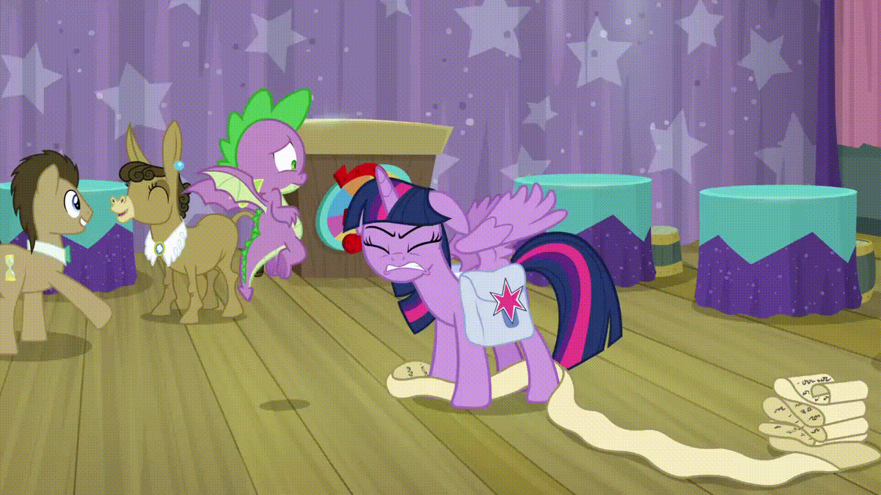 Size: 1280x720 | Tagged: safe, screencap, character:doctor whooves, character:matilda, character:spike, character:time turner, character:twilight sparkle, character:twilight sparkle (alicorn), species:alicorn, species:dragon, species:pony, episode:a trivial pursuit, g4, my little pony: friendship is magic, animated, faec, female, floppy ears, insanity, mare, maximum overnerd, saddle bag, scroll, this is trivia trot, twilight snapple, twilight sparkle is best facemaker, twilighting, twilynanas, winged spike