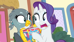 Size: 1600x900 | Tagged: safe, screencap, character:gabby, character:rarity, episode:dragon dropped, g4, my little pony: friendship is magic, comic book, confession, stare