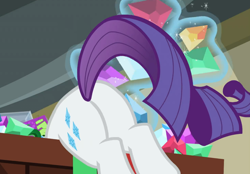Size: 1096x765 | Tagged: safe, screencap, character:rarity, species:pony, episode:dragon dropped, g4, my little pony: friendship is magic, butt, gem, plot, rearity