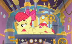 Size: 792x484 | Tagged: safe, screencap, character:apple bloom, species:earth pony, species:pony, episode:growing up is hard to do, g4, my little pony: friendship is magic, bow, cropped, cute, cutie mark, draw me like one of your french girls, female, hair bow, lidded eyes, mare, older, older apple bloom, side, solo, the cmc's cutie marks