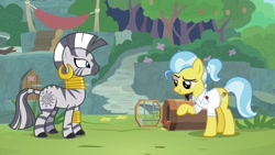 Size: 1920x1080 | Tagged: safe, screencap, character:doctor fauna, character:zecora, species:earth pony, species:pony, species:zebra, episode:she talks to angel, g4, my little pony: friendship is magic, cage, clothing, ear piercing, earring, female, fire lizard, jewelry, leg rings, lizard, mare, neck rings, piercing, shirt