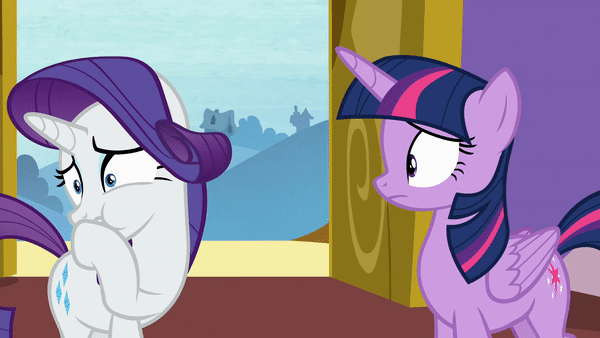 Size: 600x338 | Tagged: safe, screencap, character:rarity, character:twilight sparkle, character:twilight sparkle (alicorn), species:alicorn, species:pony, episode:dragon dropped, g4, my little pony: friendship is magic, season 9, animated, gif, mumbling
