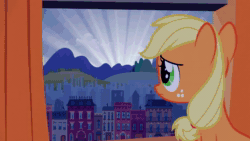 Size: 1920x1080 | Tagged: safe, screencap, character:applejack, species:earth pony, species:pony, episode:the cutie mark chronicles, g4, my little pony: friendship is magic, animated, behaving like a rooster, blank flank, blinking, cock-a-doodle-doo, cute, eyes closed, female, filly, filly applejack, floppy ears, freckles, jackabetes, manehattan, open mouth, sad, solo, sound, sunrise, webm, younger