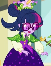 Size: 551x715 | Tagged: safe, screencap, character:sunset shimmer, character:twilight sparkle, character:twilight sparkle (scitwi), species:eqg human, equestria girls:holidays unwrapped, g4, my little pony:equestria girls, clothing, cornucopia costumes, cropped, cute, dress, female, offscreen character, solo focus