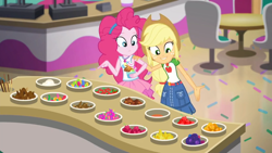 Size: 1600x902 | Tagged: safe, screencap, character:applejack, character:pinkie pie, episode:tip toppings, g4, my little pony:equestria girls, confectionery, geode of sugar bombs, geode of super strength, magical geodes, tip toppings: applejack
