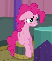Size: 371x432 | Tagged: safe, screencap, character:pinkie pie, species:pony, episode:a trivial pursuit, g4, my little pony: friendship is magic, anatomically incorrect, blushing, cropped, cute, diapinkes, embarrassed, floppy ears, incorrect leg anatomy, sitting, smiling, solo