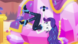 Size: 1920x1080 | Tagged: safe, screencap, character:rarity, episode:do it for the ponygram!, episode:the other side, g4, my little pony:equestria girls, bare shoulders, bodysuit, clothing, female, gloves, high heels, phone, rotary phone, shoes, sleeveless, solo, strapless, tangled up, telephone cord, the other side bloopers, tongue out, unitard, wires
