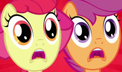 Size: 1000x590 | Tagged: safe, screencap, character:apple bloom, character:scootaloo, species:earth pony, species:pegasus, species:pony, episode:one bad apple, g4, my little pony: friendship is magic, cropped, duo, open mouth, red background, simple background
