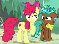 Size: 2003x1509 | Tagged: safe, screencap, character:apple bloom, character:spur, species:pony, episode:growing up is hard to do, g4, my little pony: friendship is magic, cropped, cutie mark, duo, lidded eyes, messy mane, older, older apple bloom, out of context, scratches, stupid sexy apple bloom, the cmc's cutie marks