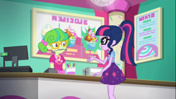 Size: 1920x1080 | Tagged: safe, screencap, character:twilight sparkle, character:twilight sparkle (scitwi), species:eqg human, episode:tip toppings, g4, my little pony:equestria girls, braces, cash register, cashier, clothing, counter, female, froyo, frozen yogurt, frozen yogurt shop, geode of telekinesis, glasses, magical geodes, orthodontic headgear, pigtails, ponytail, sign, skirt, smiling, stella sprinkles, tip toppings: twilight sparkle, written equestrian
