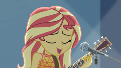Size: 1920x1080 | Tagged: safe, screencap, character:sunset shimmer, episode:let it rain, g4, my little pony:equestria girls, acoustic guitar, beautiful, cute, eyes closed, guitar, happy, microphone, microphone stand, musical instrument, open mouth, shimmerbetes, singing, smiling