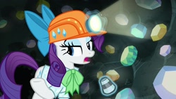 Size: 1920x1080 | Tagged: safe, screencap, character:rarity, species:pony, episode:dragon dropped, g4, my little pony: friendship is magic, bow tie, gem cave, helmet, loupe, magic, mining helmet, solo