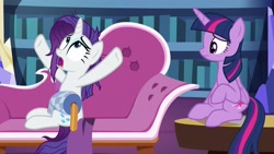 Size: 1920x1080 | Tagged: safe, screencap, character:rarity, character:twilight sparkle, character:twilight sparkle (alicorn), species:alicorn, species:pony, episode:dragon dropped, g4, my little pony: friendship is magic, bookshelf, fainting couch, library, marshmelodrama, messy mane, pillow, twilight's castle, twilight's castle library