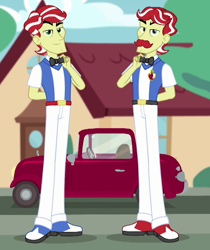 Size: 792x945 | Tagged: safe, screencap, character:flam, character:flim, equestria girls:holidays unwrapped, g4, my little pony:equestria girls, arm behind back, bow tie, car, clothing, cropped, flim flam brothers, holiday, house, smiling