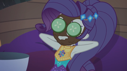 Size: 1920x1080 | Tagged: safe, screencap, character:rarity, episode:inclement leather, g4, my little pony:equestria girls, arm behind back, armpits, cucumber, female, food, inclement leather: applejack, mud mask, solo