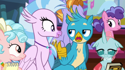 Size: 1600x900 | Tagged: safe, screencap, character:auburn vision, character:berry blend, character:berry bliss, character:cozy glow, character:gallus, character:ocellus, character:silverstream, species:changedling, episode:a matter of principals, g4, my little pony: friendship is magic, book, friendship student
